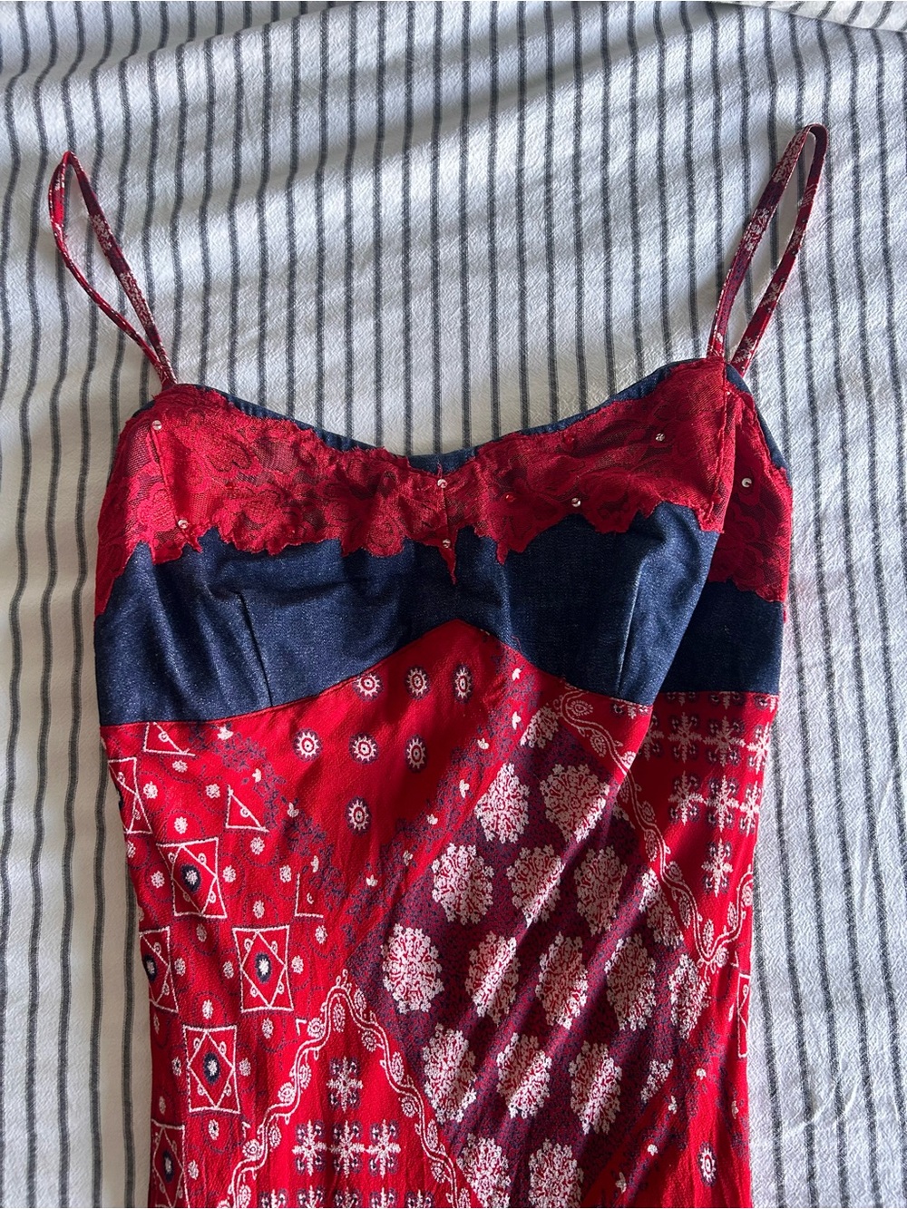 Vintage Red Patchwork Lace-Trim Midi Slip Dress